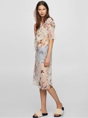 Pull&Bear Sheer Floral Ruffle Midi Dress in Blush and Pastel Blue